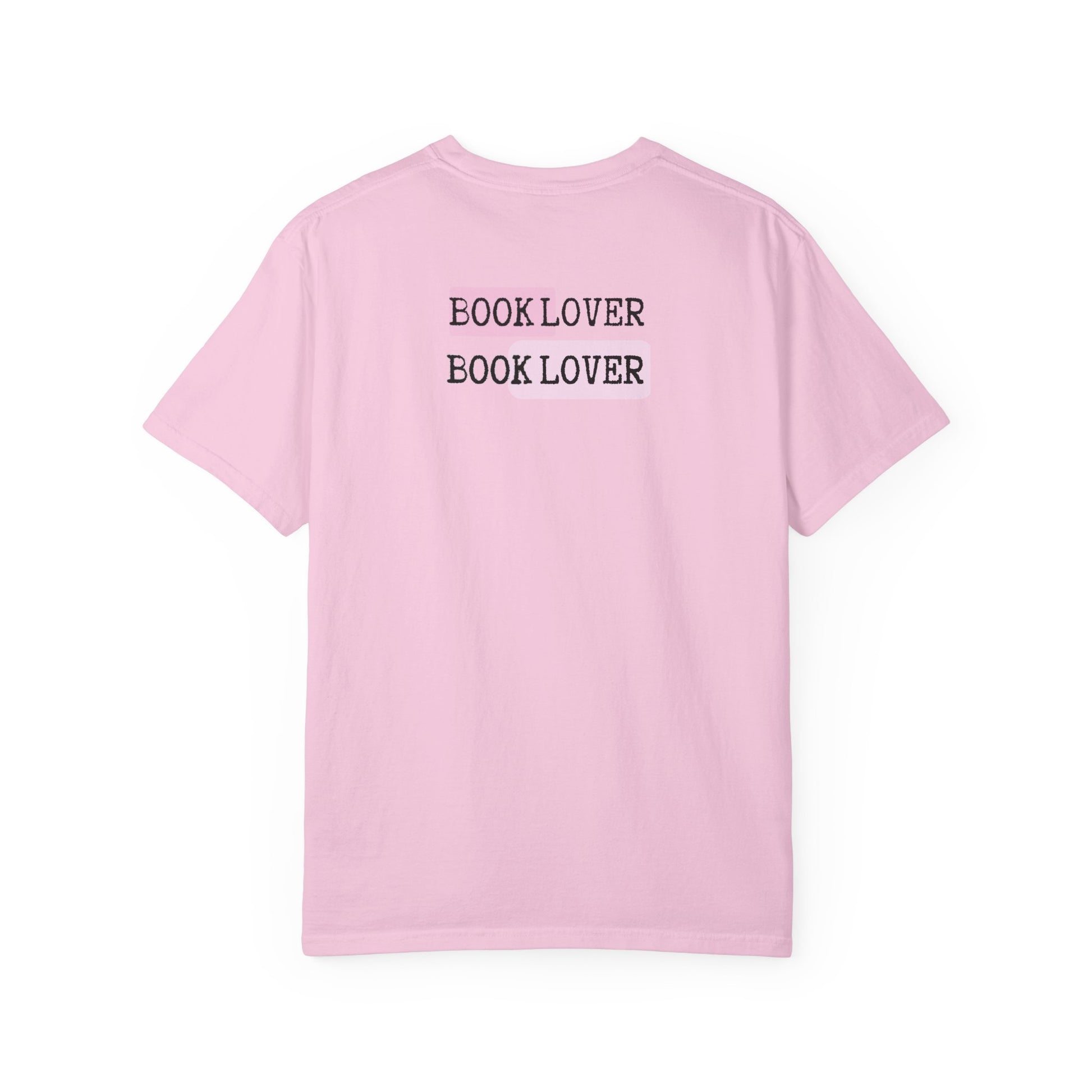 Pink t-shirt with 'BOOK LOVER' text on a white background