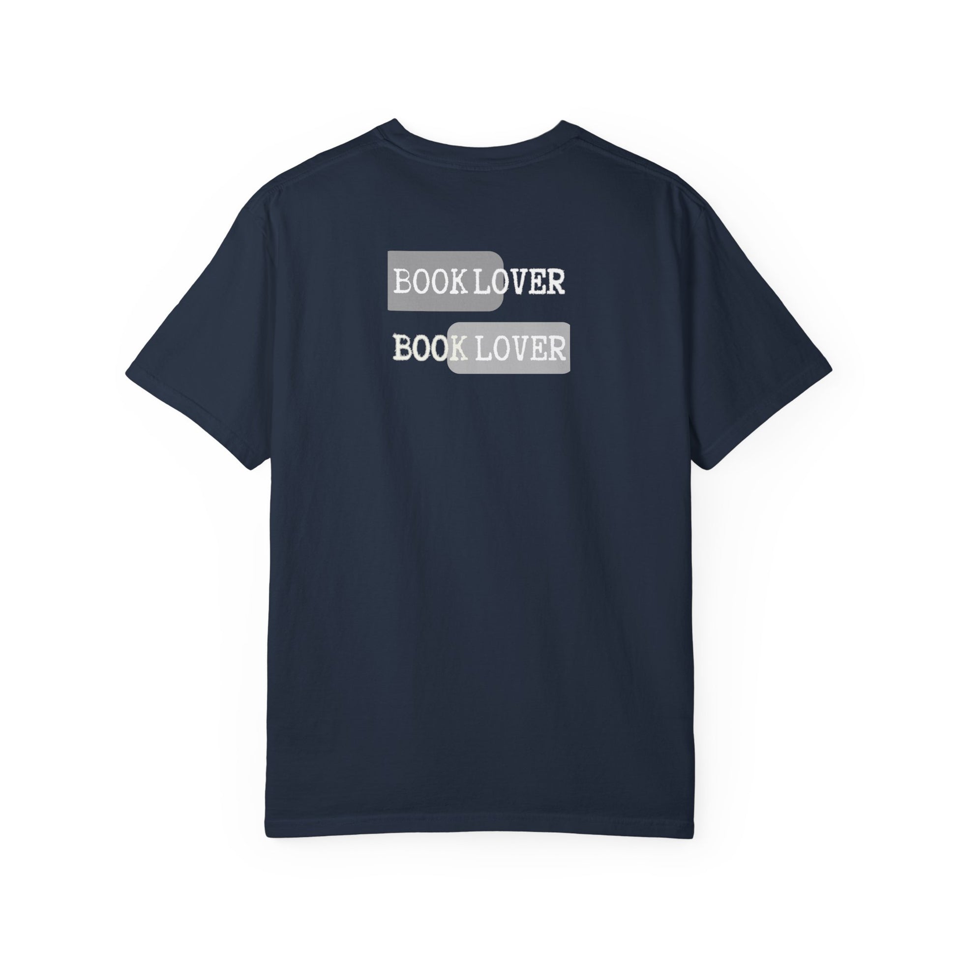 Navy blue t-shirt with 'BOOK LOVER' text on a white background