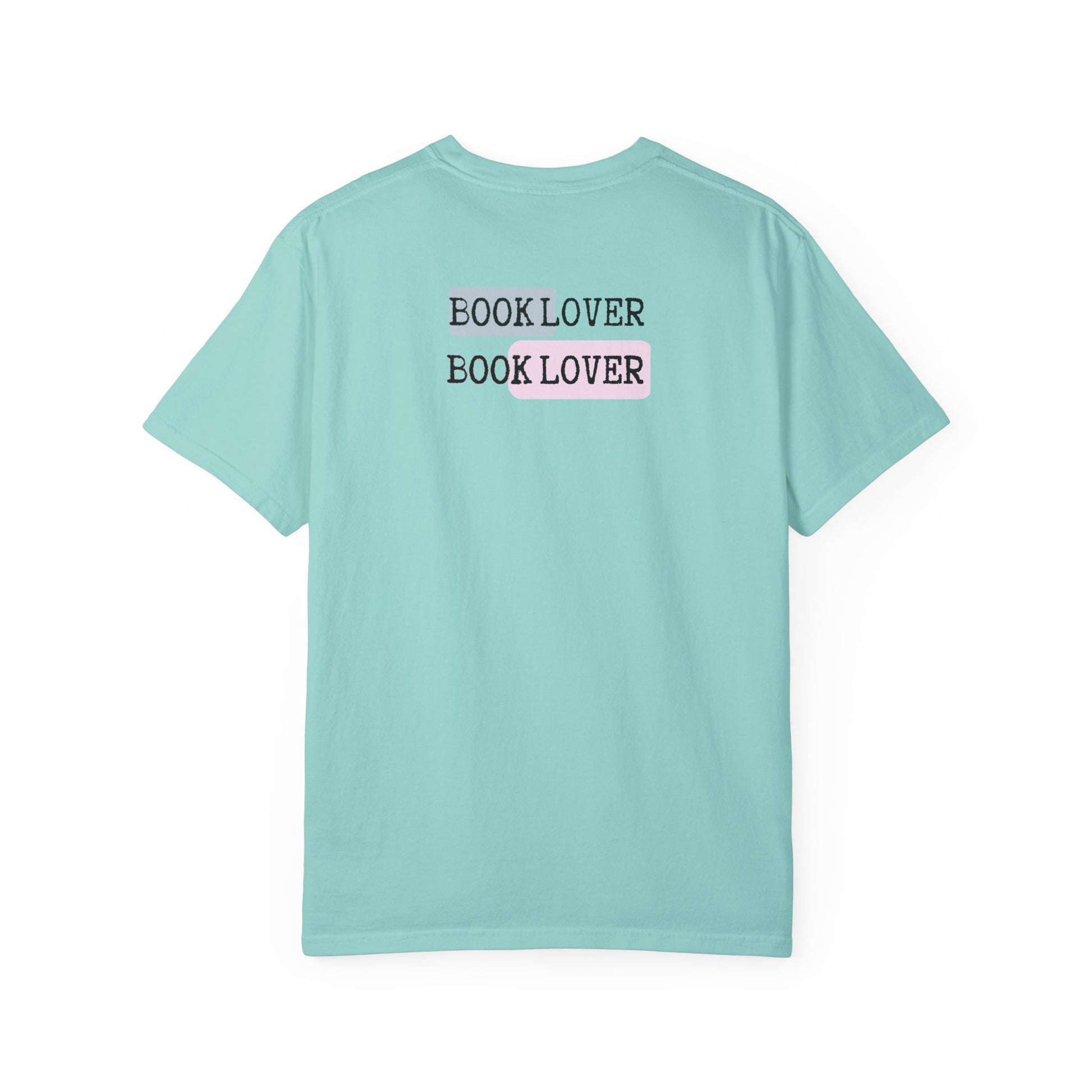 Light blue t-shirt with 'BOOK LOVER' text on a white background