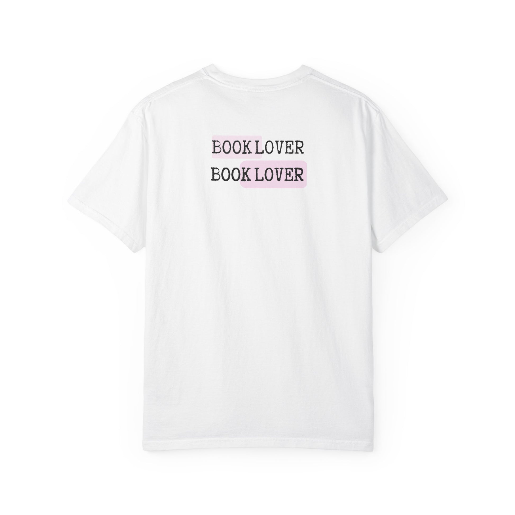 White t-shirt with 'BOOK LOVER' text printed twice on a white background