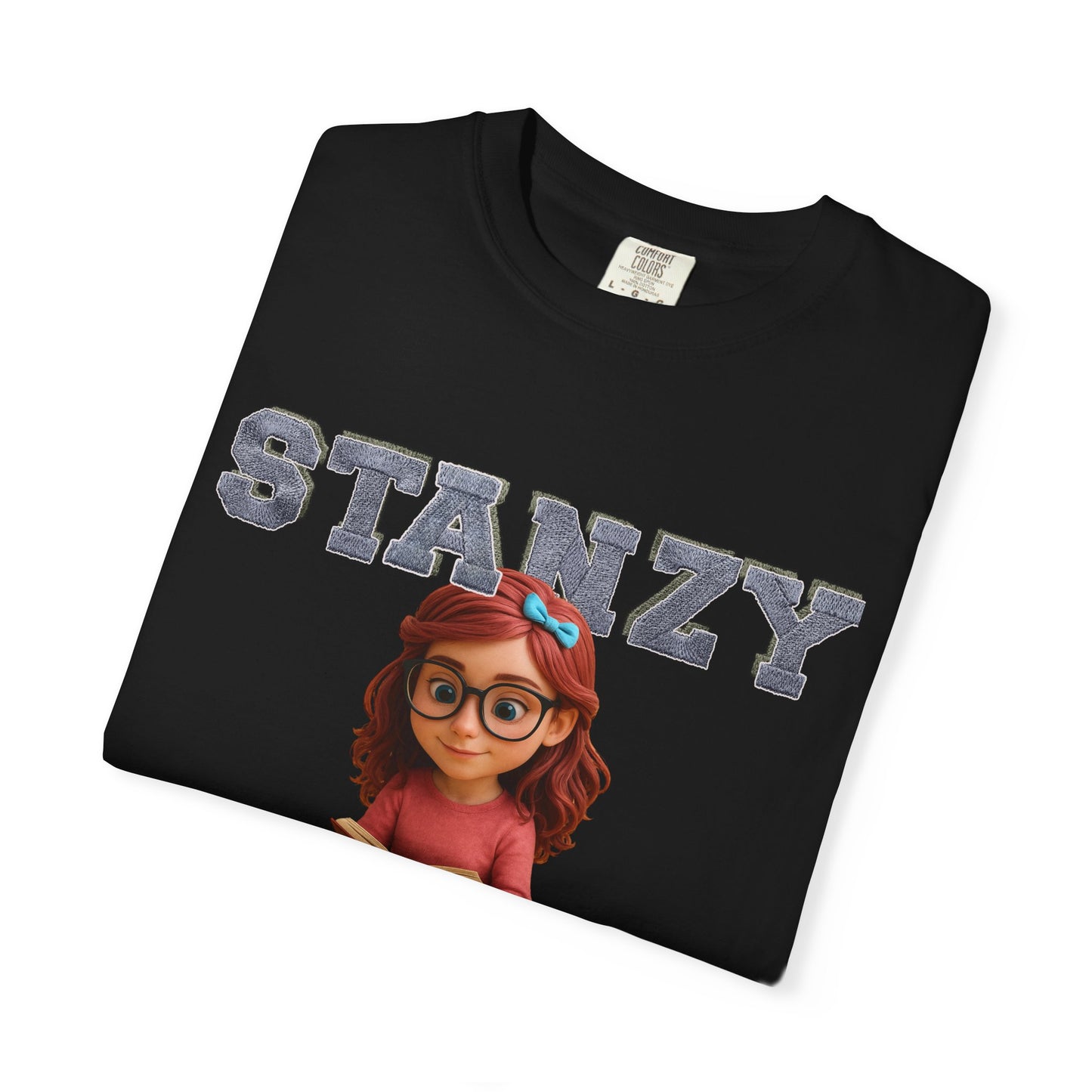 Black t-shirt with cartoon character and 'STANZY' text on a white background