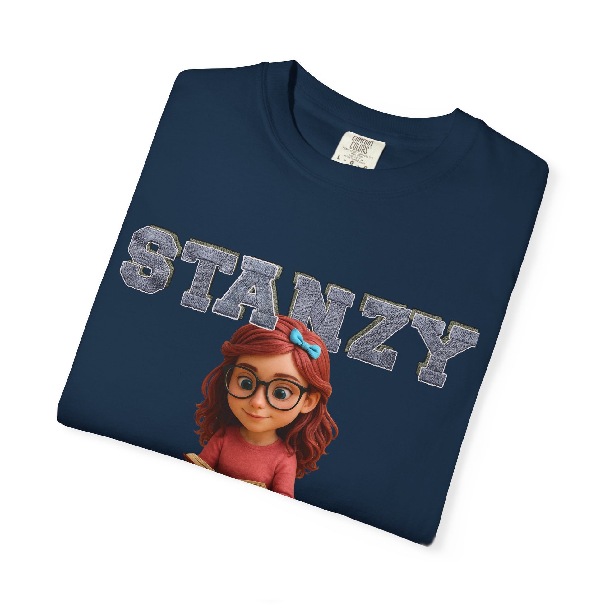 Navy blue t-shirt with cartoon character and 'STANZY' text on a white background