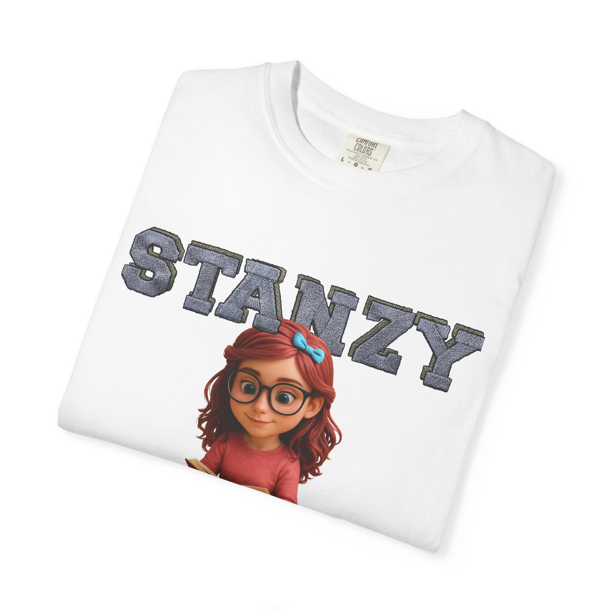 White t-shirt with cartoon character and 'STANZY' text on a white background