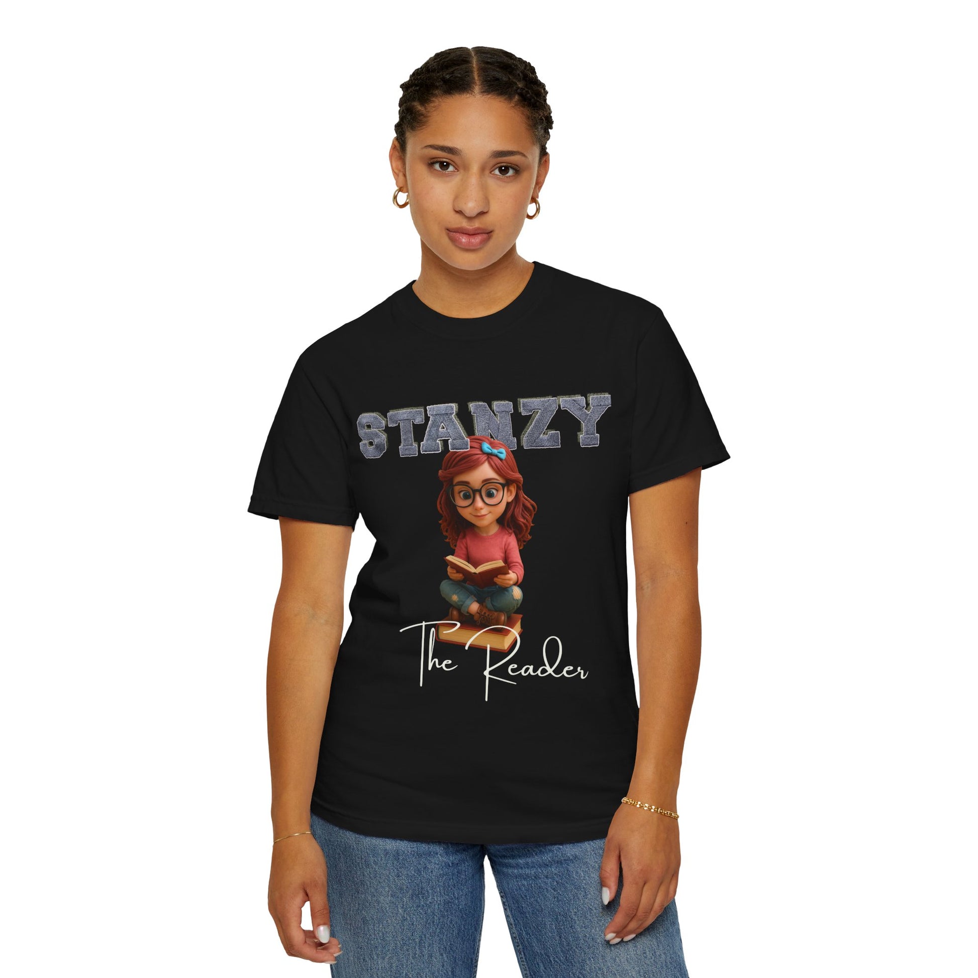 Person wearing a black t-shirt with 'Stanzy The Reader' design on a white background