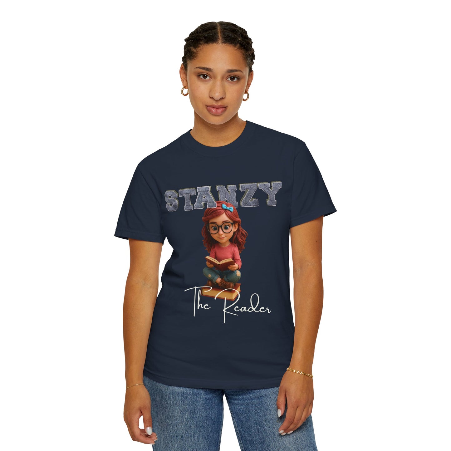 Person wearing a navy blue t-shirt with 'Stanzy The Reader' design on a white background