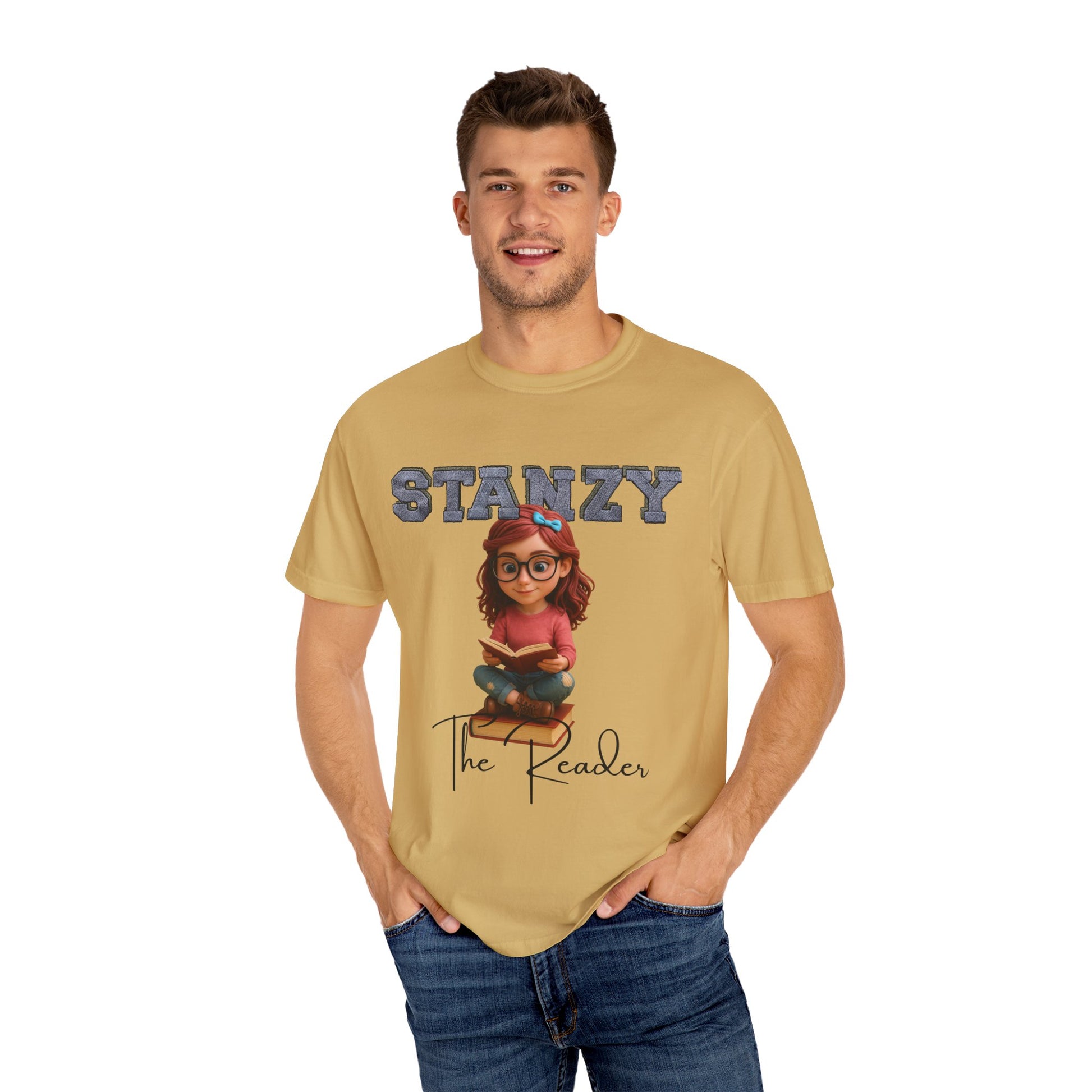 Man wearing a beige t-shirt with 'Stanzy the Reader' graphic design on a white background