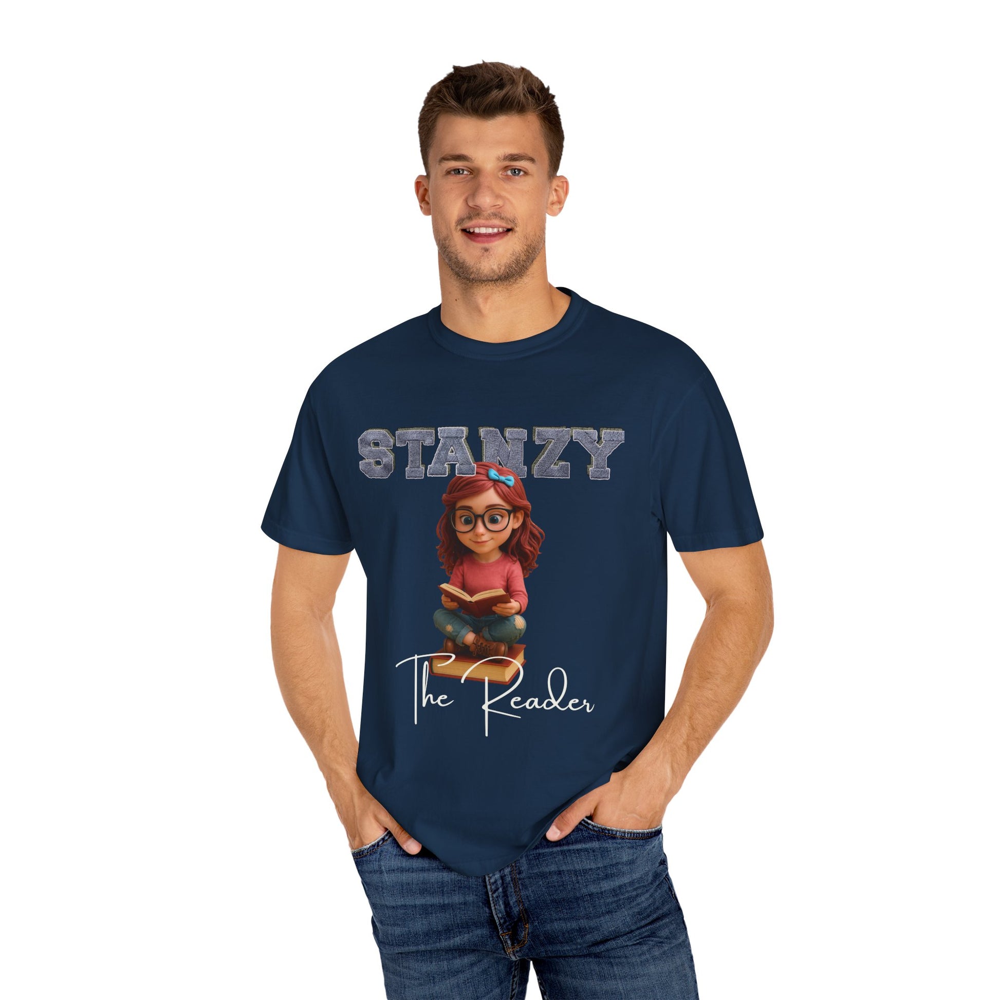 Man wearing a navy blue t-shirt with 'Stanzy The Reader' design on a white background