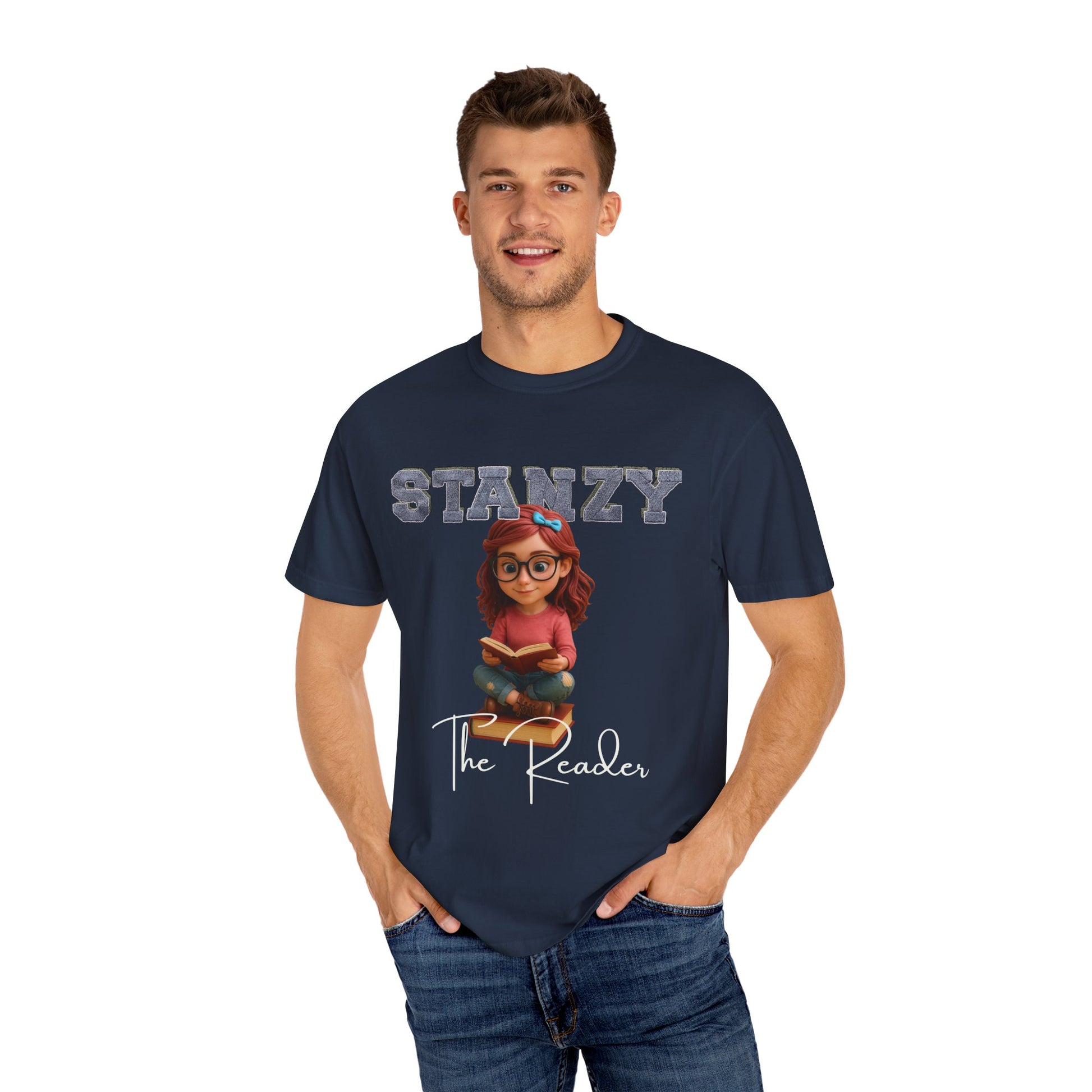 Man wearing a navy blue t-shirt with 'Stanzy The Reader' design on a white background