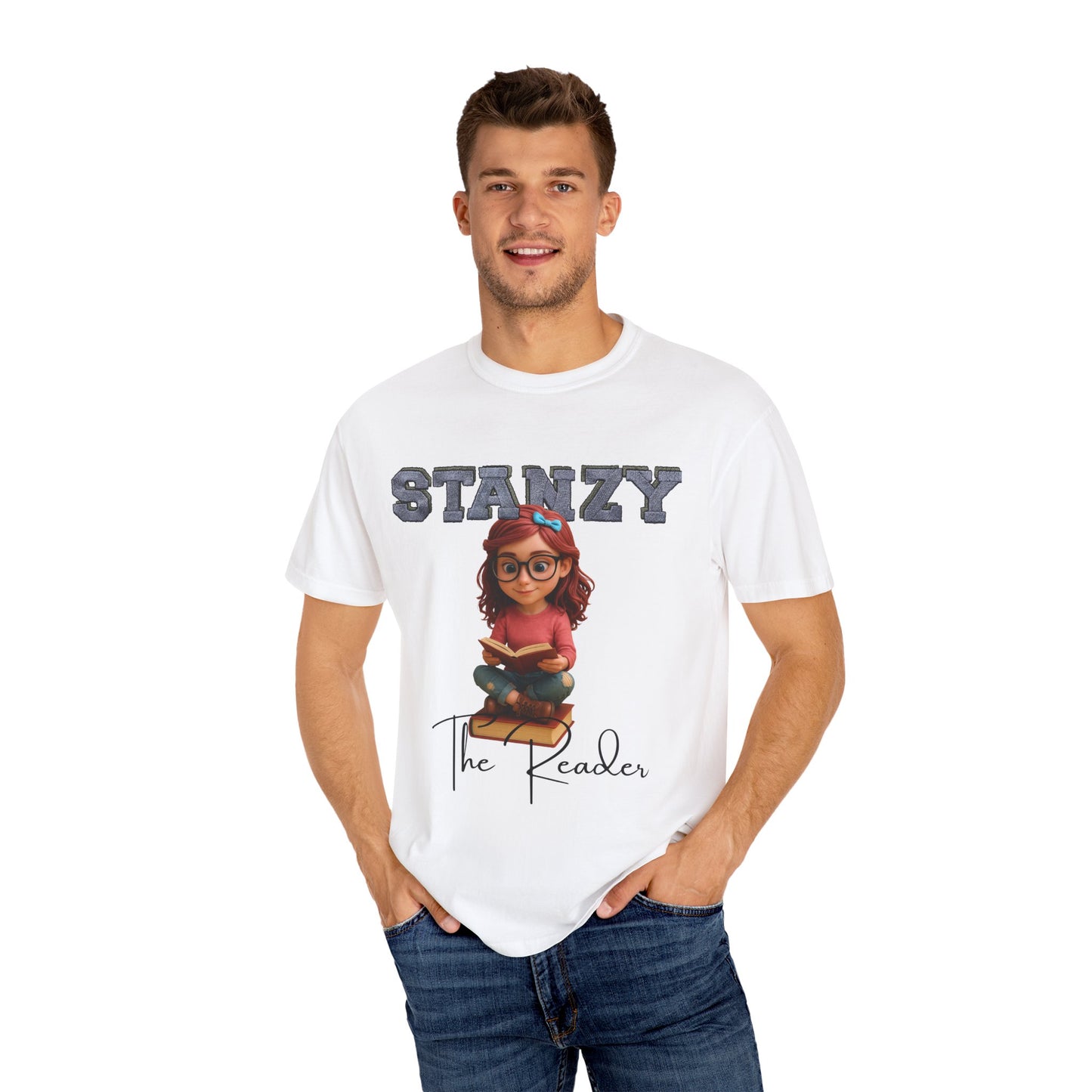 Man wearing a white t-shirt with 'Stanzy the Reader' design on a white background