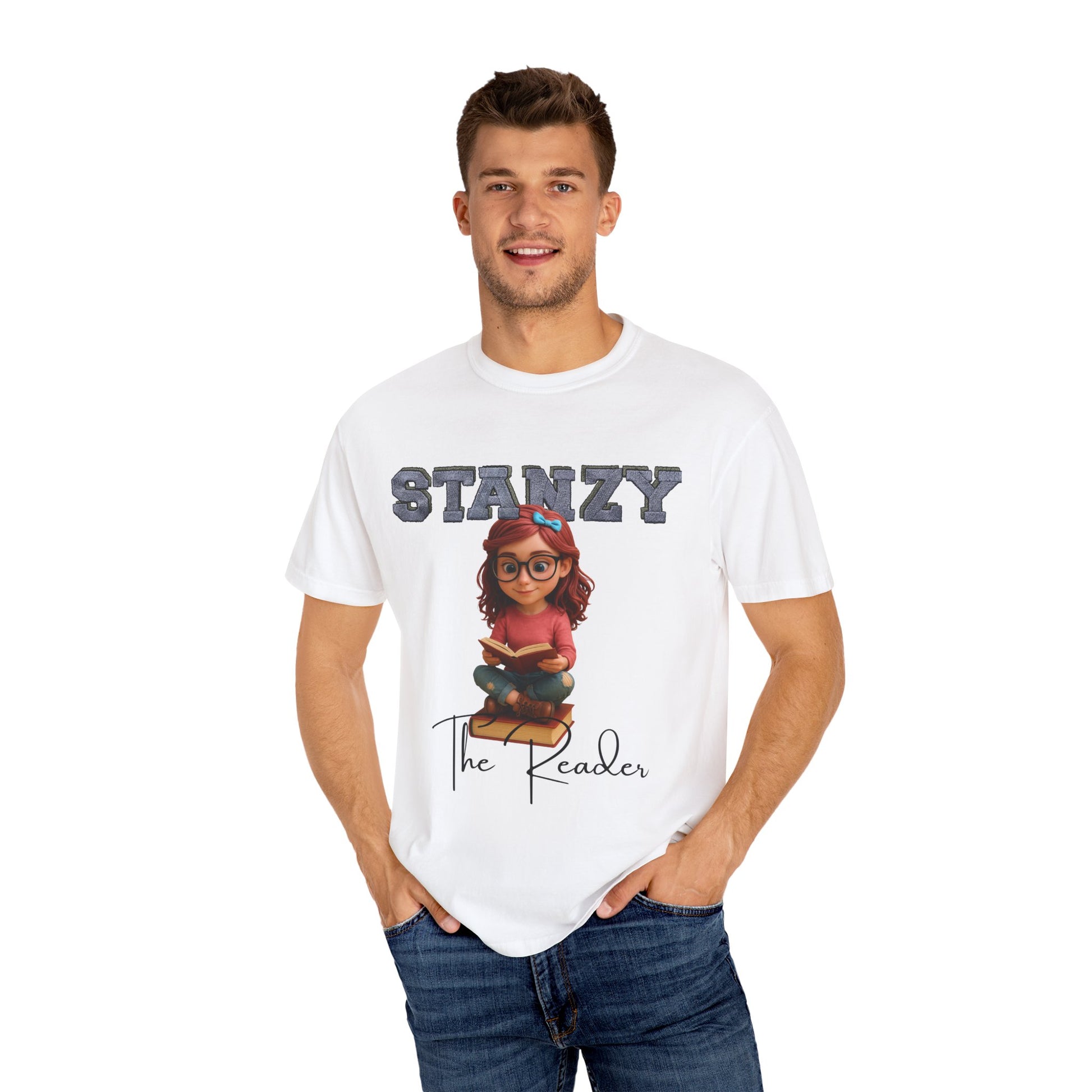 Man wearing a white t-shirt with 'Stanzy the Reader' design on a white background
