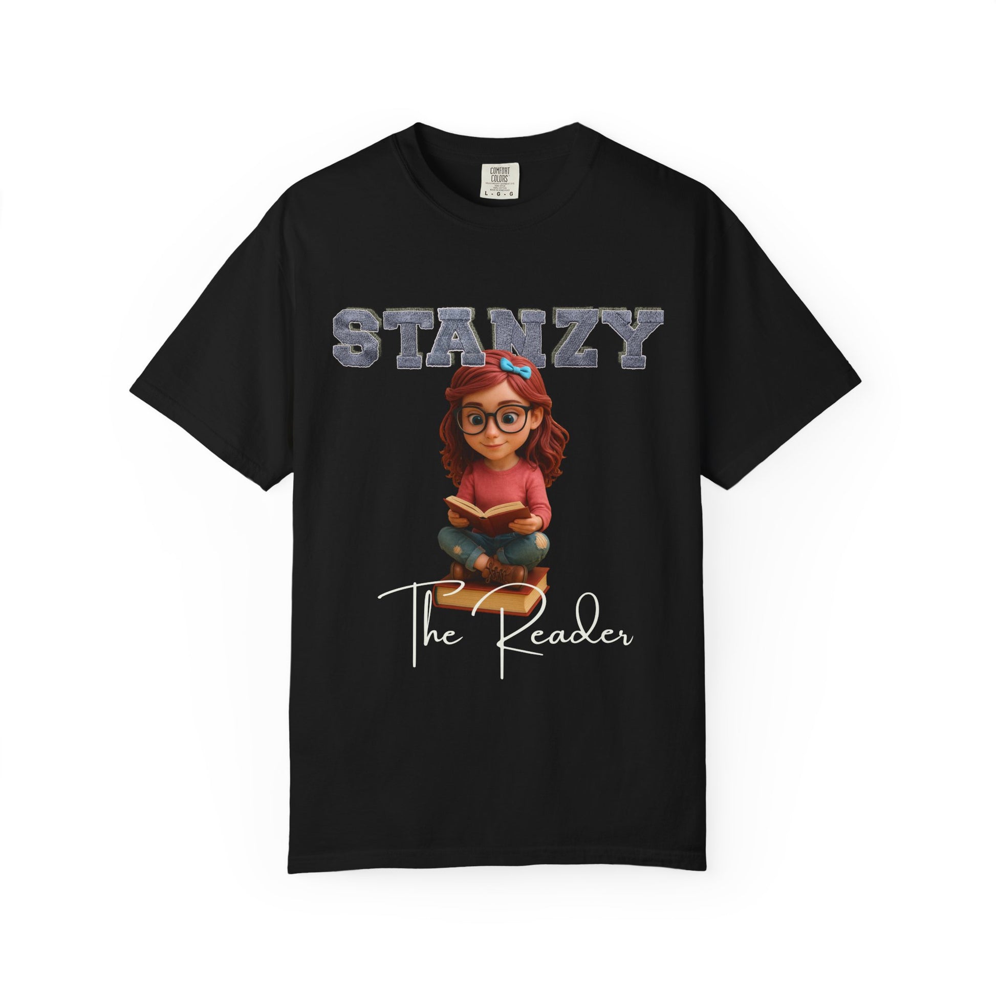 Black t-shirt with cartoon character and text 'Stanzy The Reader' on a white background