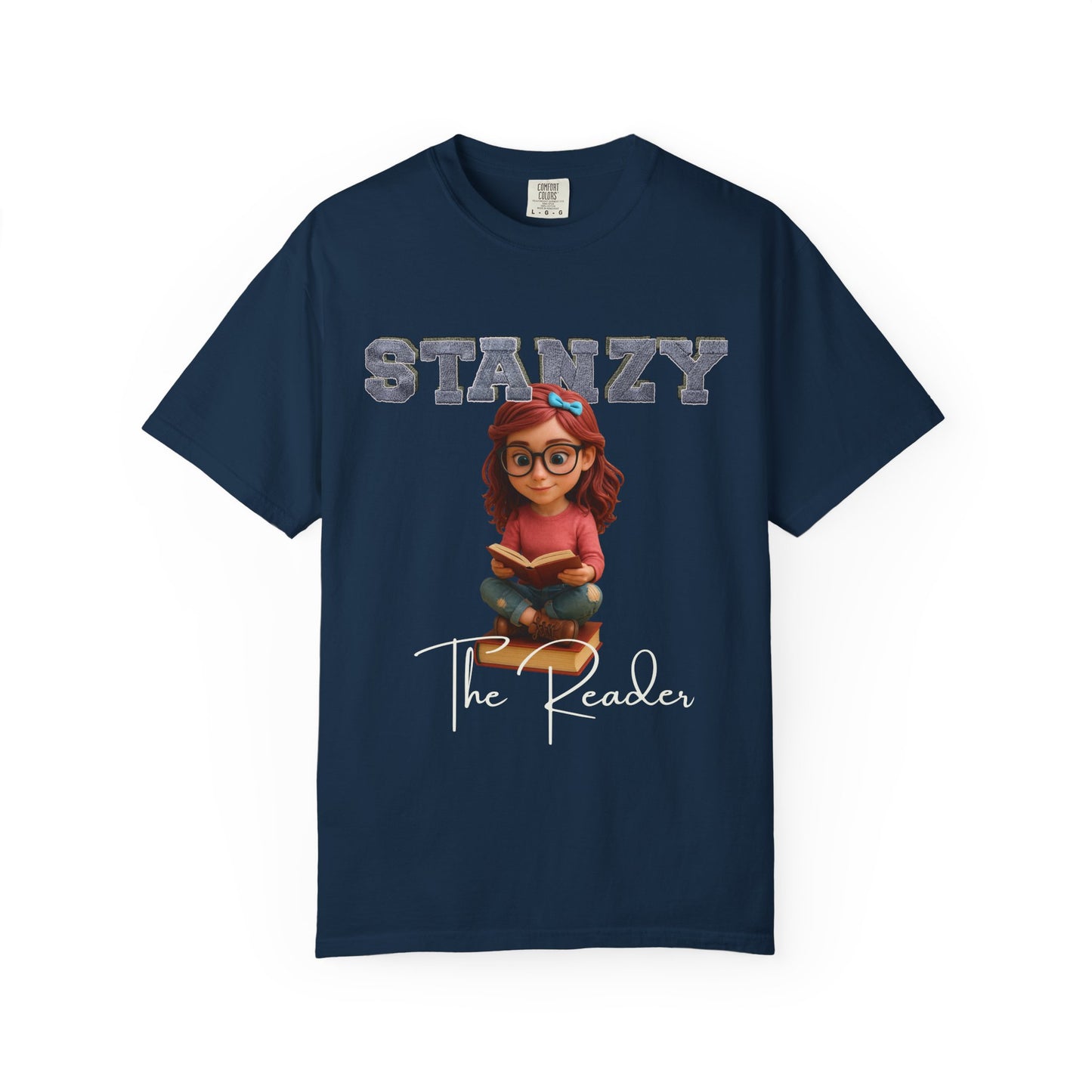 Navy blue t-shirt with 'Stanzy The Reader' design on a white background