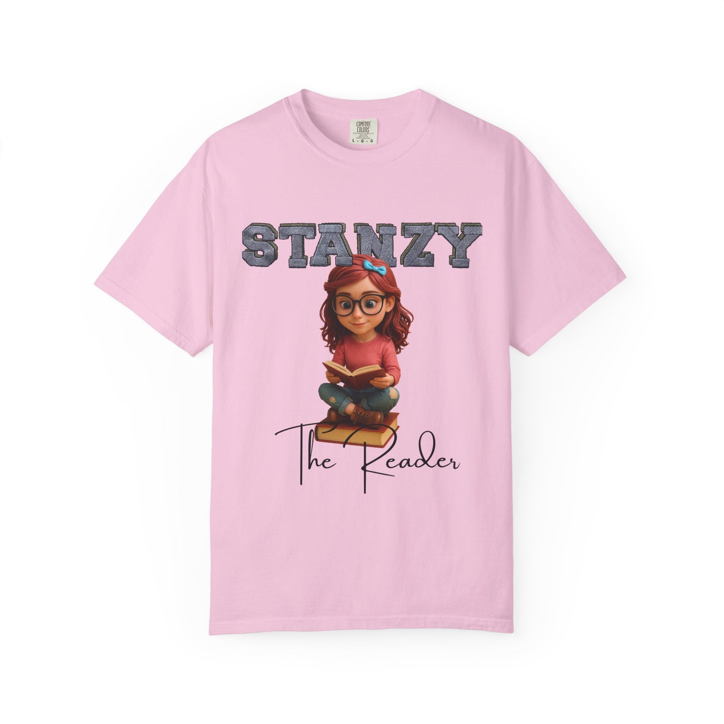 Pink t-shirt with 'Stanzy The Reader' design on a white background