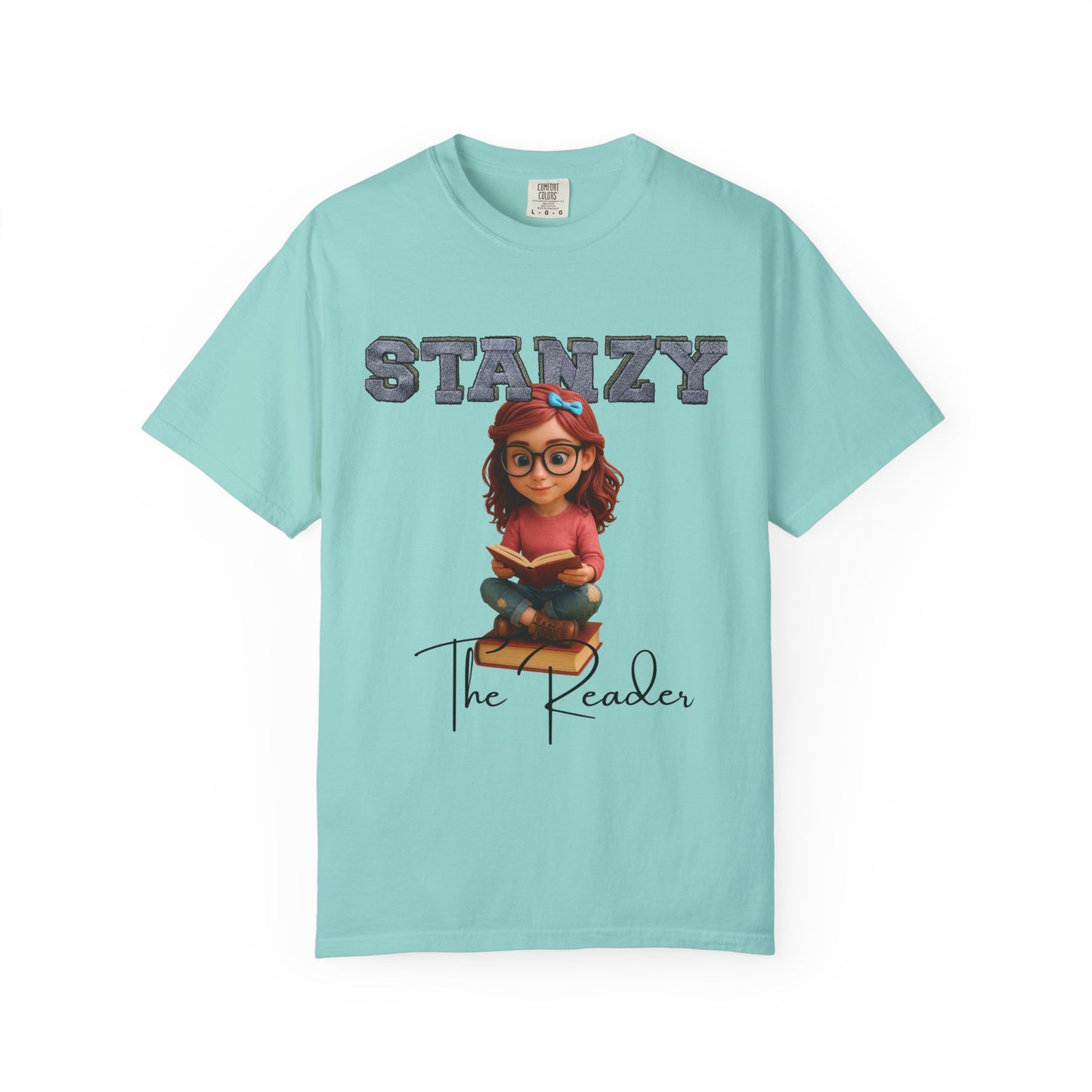 Light blue t-shirt with 'Stanzy The Reader' design on a white background