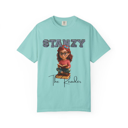 Light blue t-shirt with 'Stanzy The Reader' design on a white background