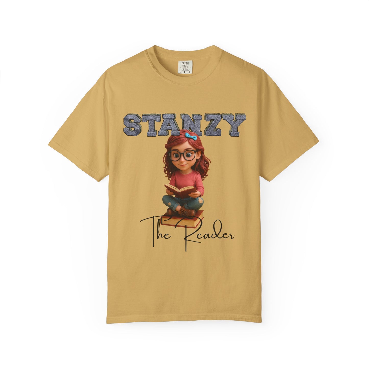Beige t-shirt with 'Stanzy The Reader' graphic design on a white background