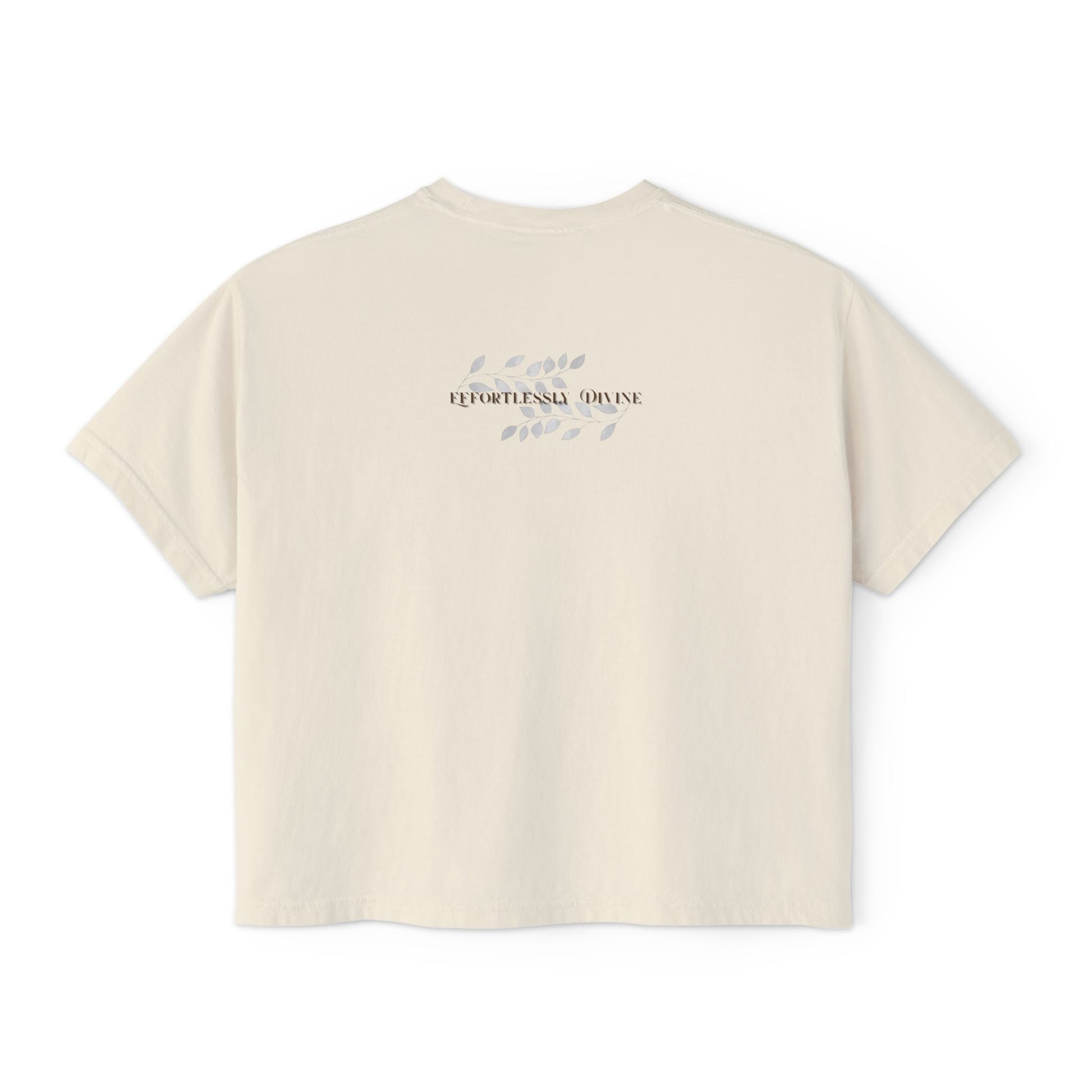 Ivory t-shirt with text on the back against a white background