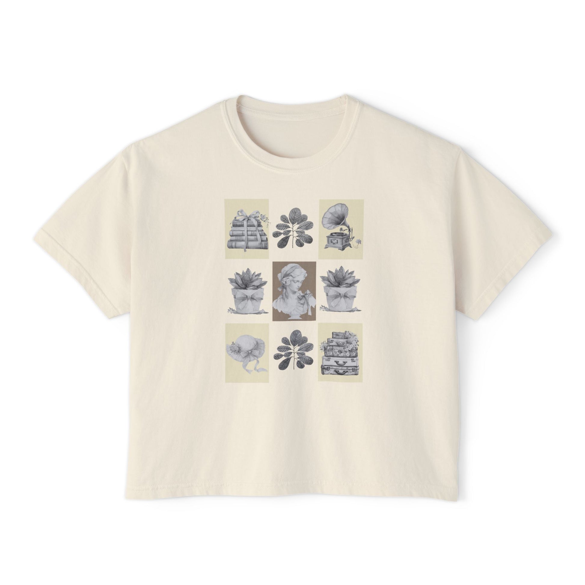 Ivory t-shirt with graphic design on a white background