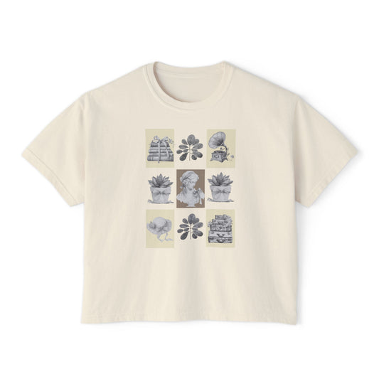 Ivory t-shirt with graphic design on a white background