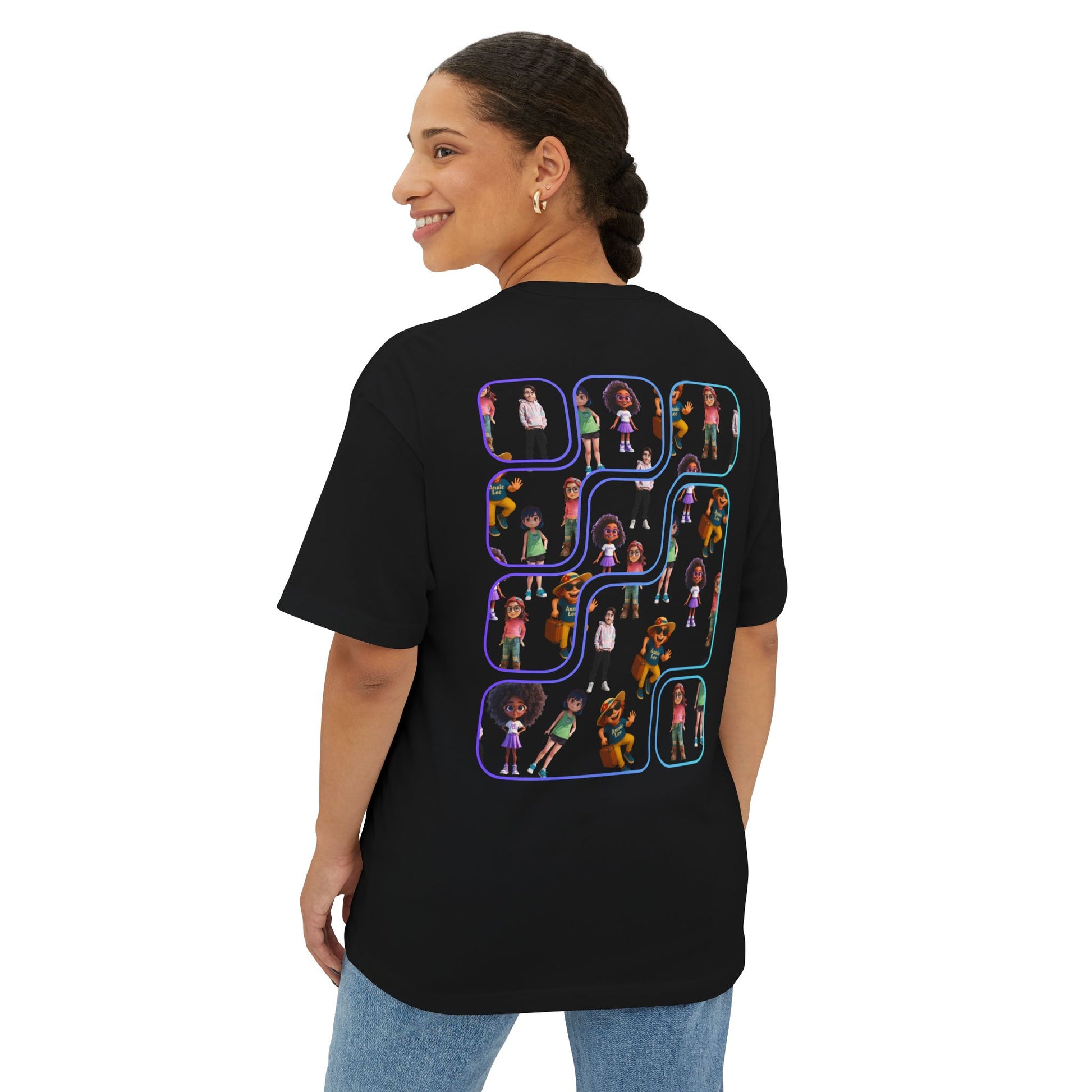 Woman wearing the ultimate oversize tee vibrant people back black