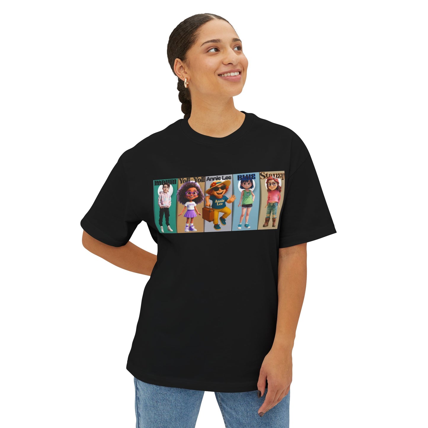 Woman wearing the ultimate oversize tee vibrant people. black