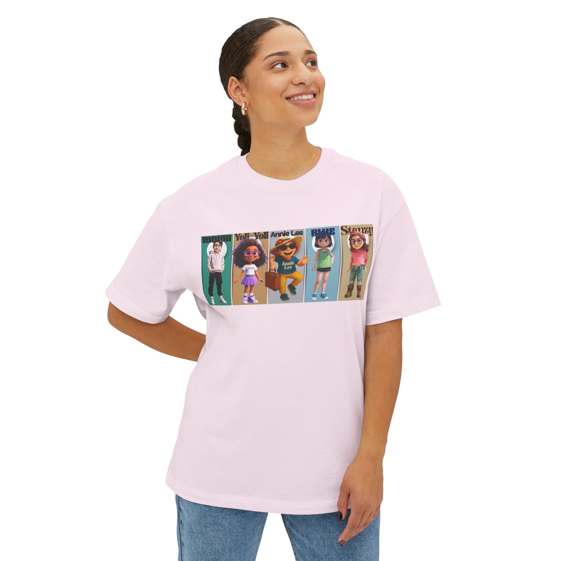 woman wearing vibrant people the ultimate oversize tee. soft pink front