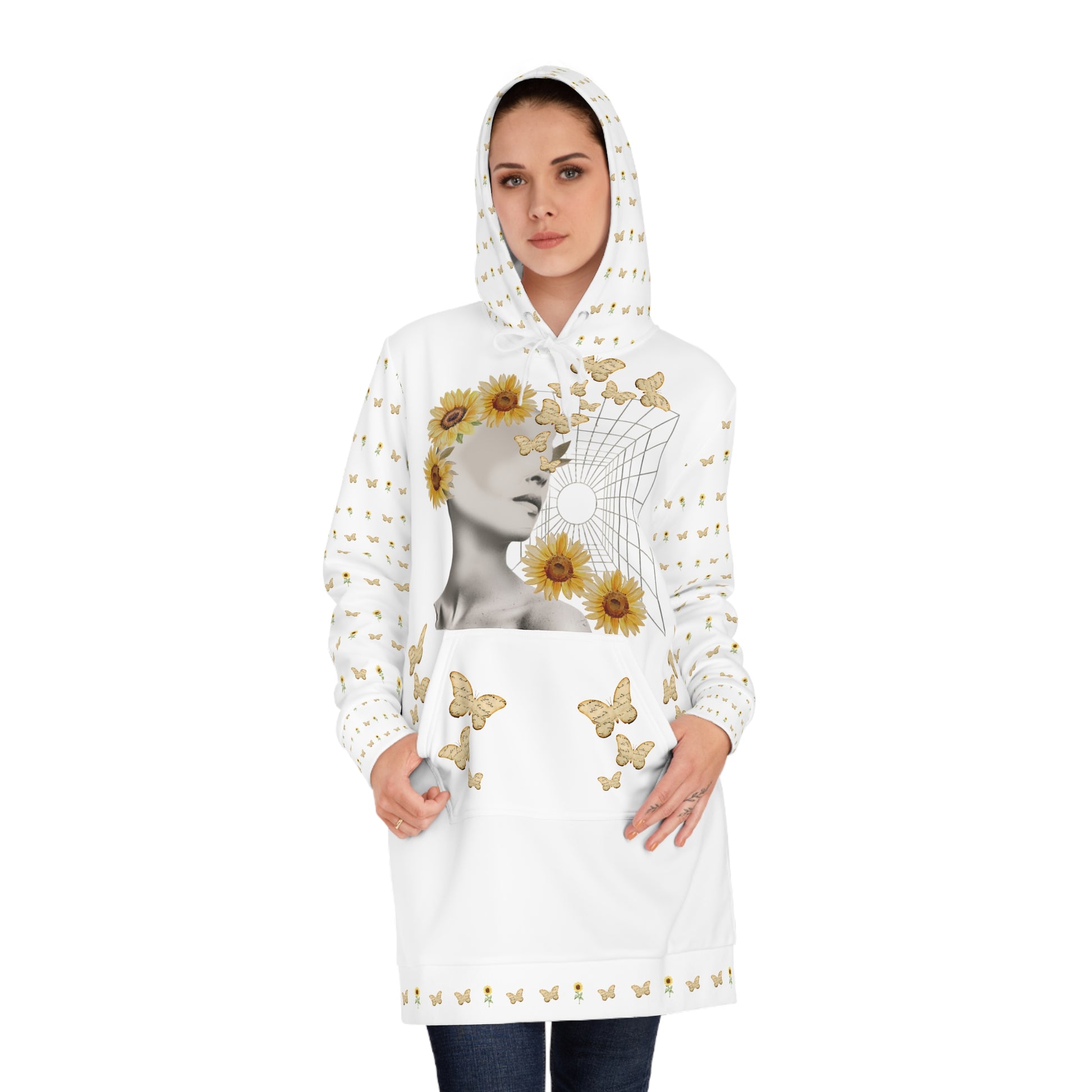 Woman wears the Moni Lee Hoodie dress white and yellow 