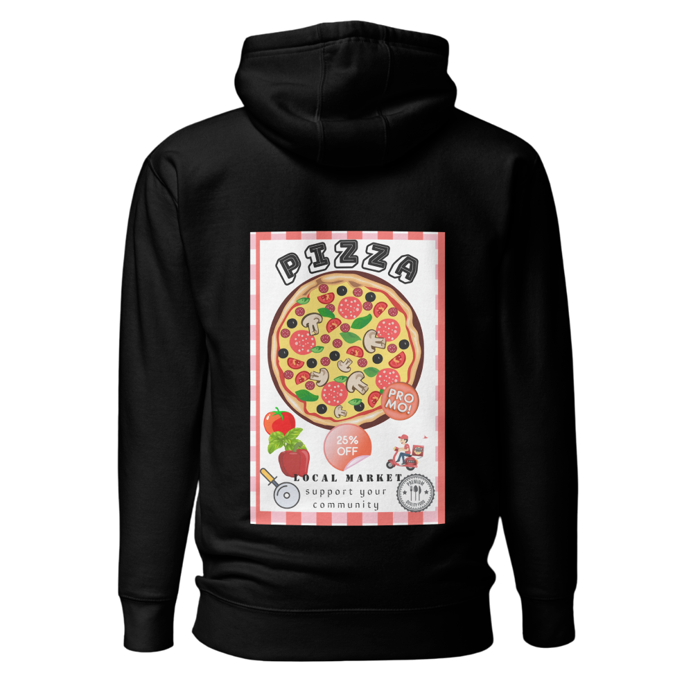 hoodie with pizza delivery poster at back full view