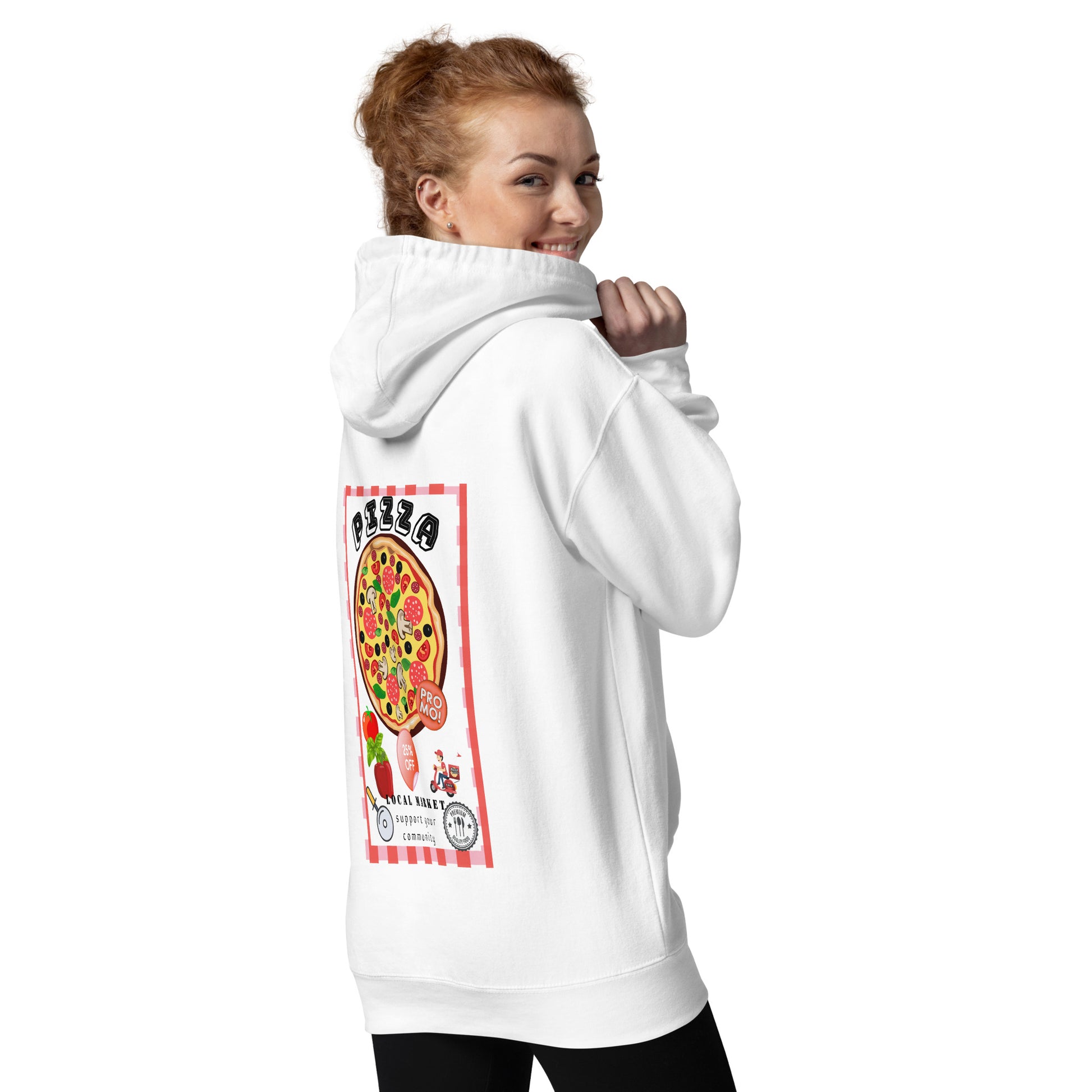 Woman is wearing the Moni Lee white hoodie with pizza delivery poster at back