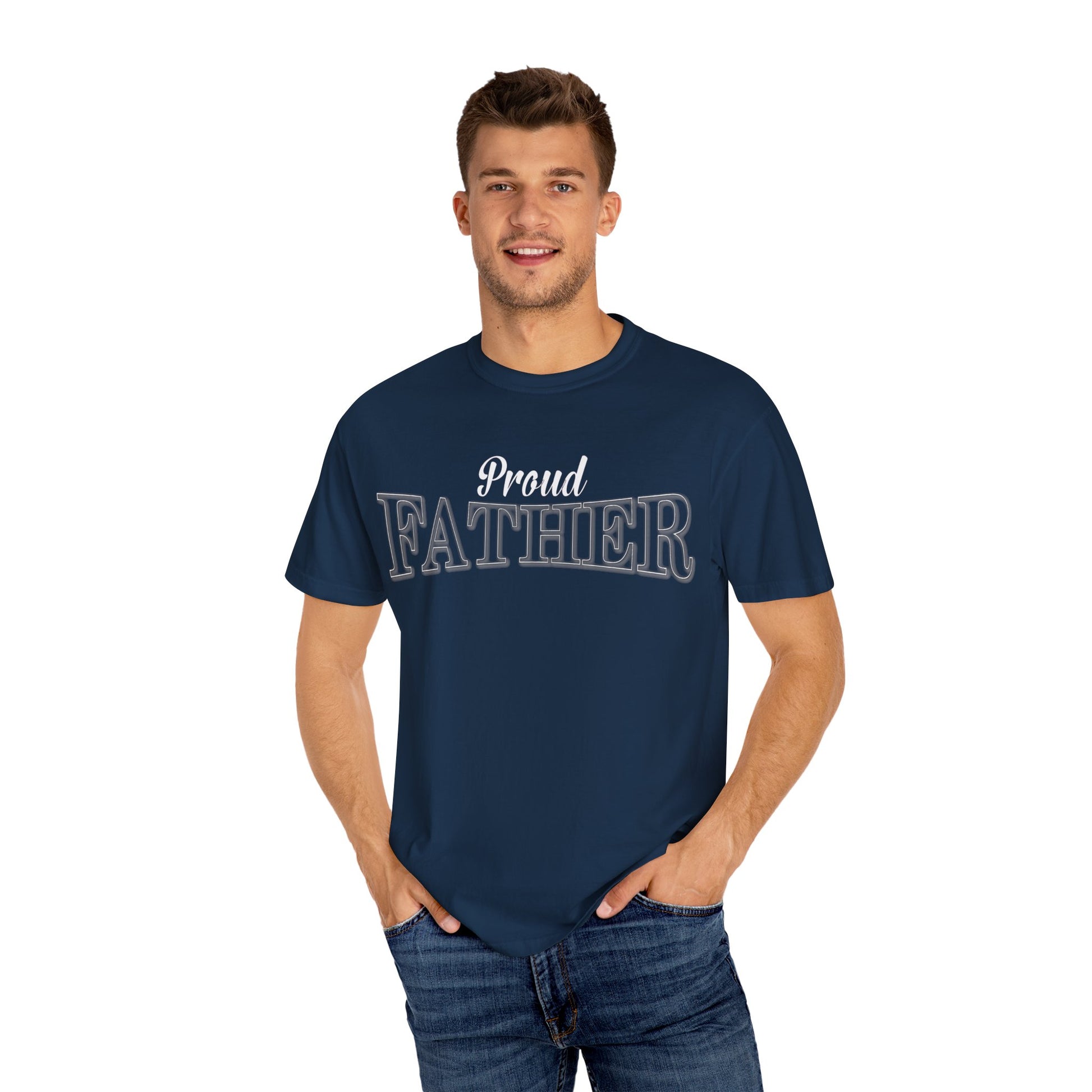 Man whit his hands in his pockets is wearing the Moni Lee Proud father premium navy Tee.