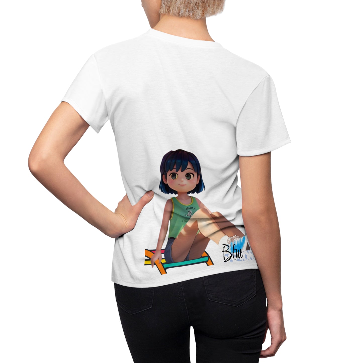 white Azure_Blue_short Tee back woman whit hand on waist
