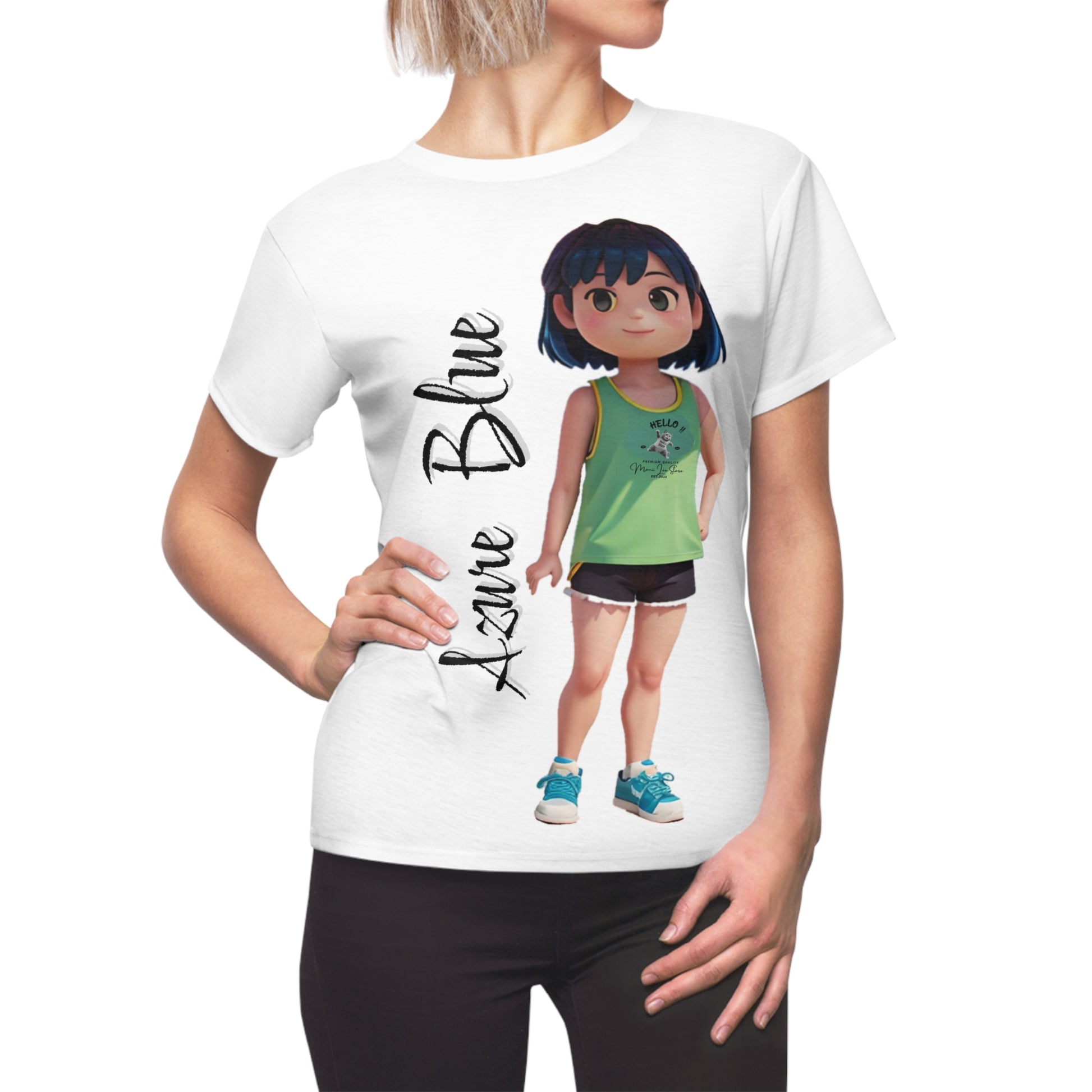white Azure_Blue_short T-Shirt woman whit hand on waist